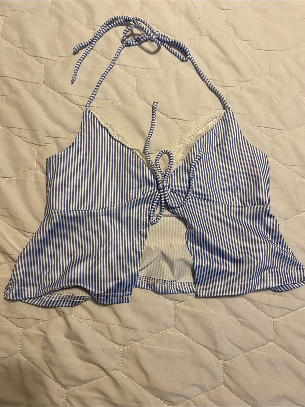 SHEIN Blue and White Striped Tie-Front Halter Swim Cami Top